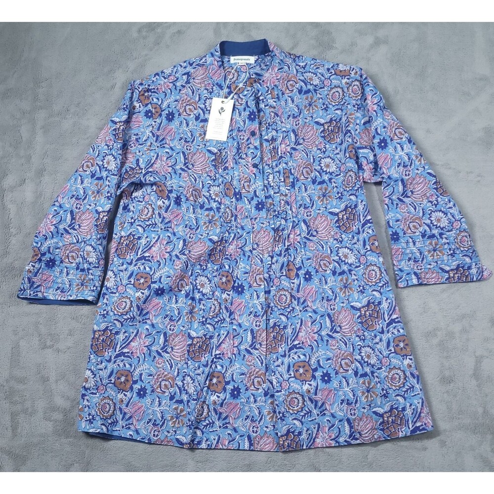 Pomegranate Inc Pintuck Blouse Tunic Womens Medium Blue Taj Floral NEW